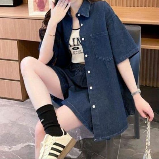 デニムセットアップ 半袖デニムシャツ&ショートパンツ 夏のリラックス上下セット