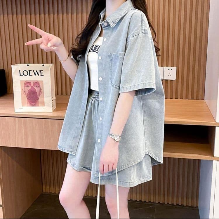 デニムセットアップ 半袖デニムシャツ&ショートパンツ 夏のリラックス上下セット