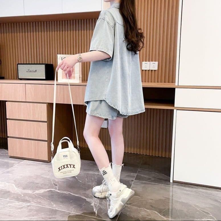 デニムセットアップ 半袖デニムシャツ&ショートパンツ 夏のリラックス上下セット