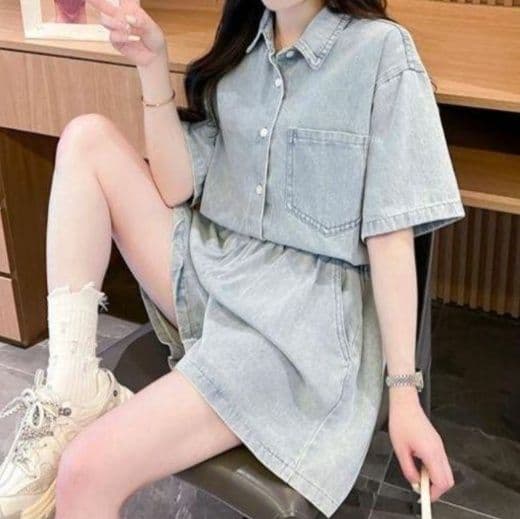 デニムセットアップ 半袖デニムシャツ&ショートパンツ 夏のリラックス上下セット
