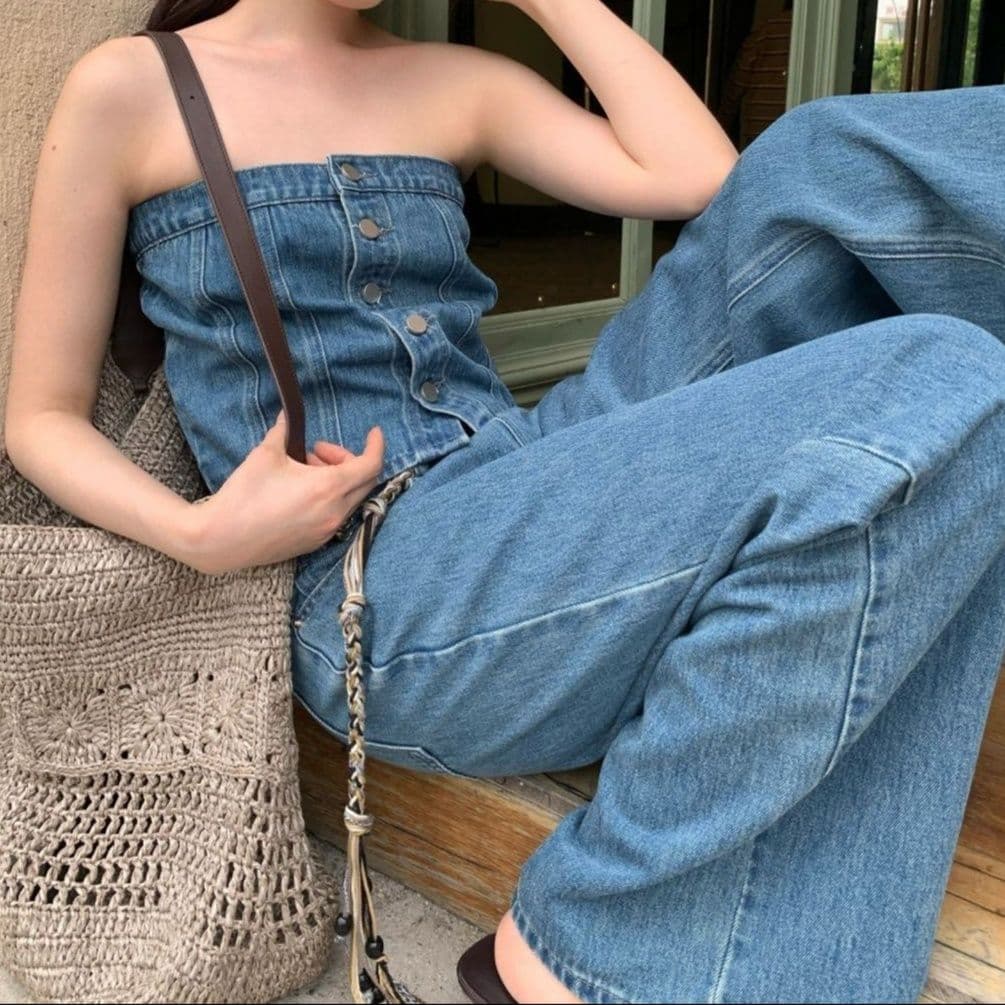 デニムセットアップ ビスチェトップス×ワイドパンツ ヘルシーカジュアル2点セット
