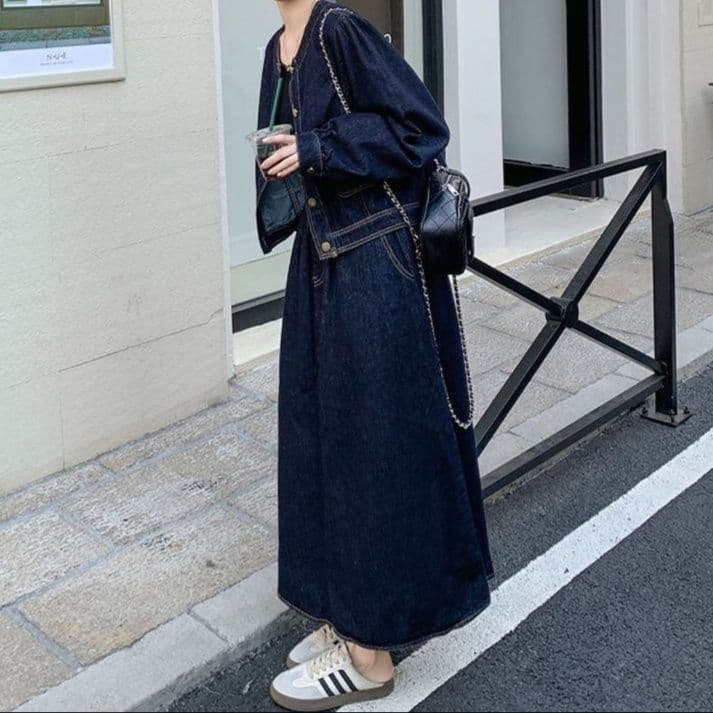 ノーカラーデニムジャケット&フレアロングスカート 上品ディテール きれいめ濃紺セットアップ