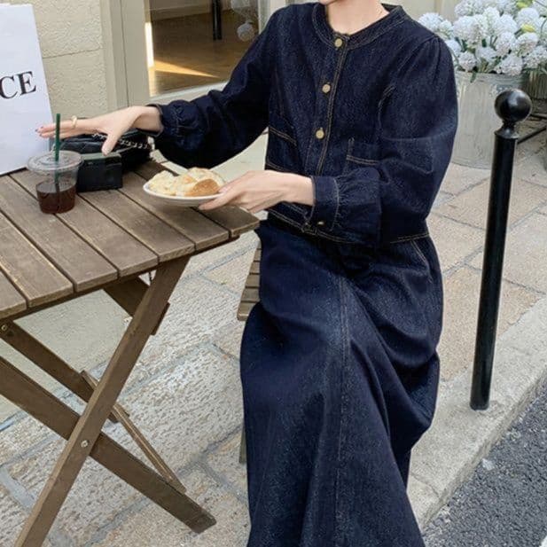 ノーカラーデニムジャケット&フレアロングスカート 上品ディテール きれいめ濃紺セットアップ