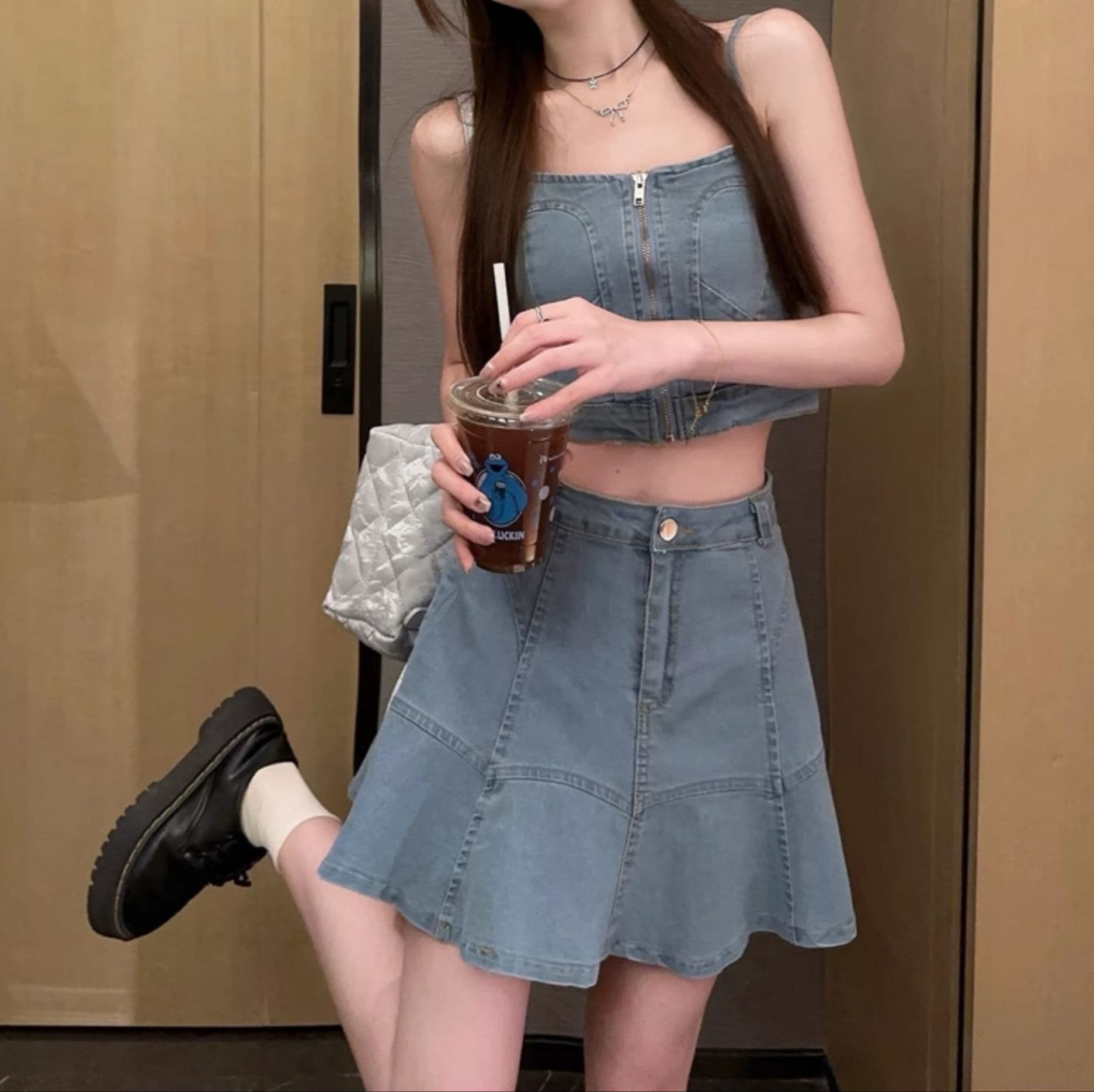 デニムセットアップ フロントジップキャミトップス×フレアミニスカート 夏のフェミカジ2点セット