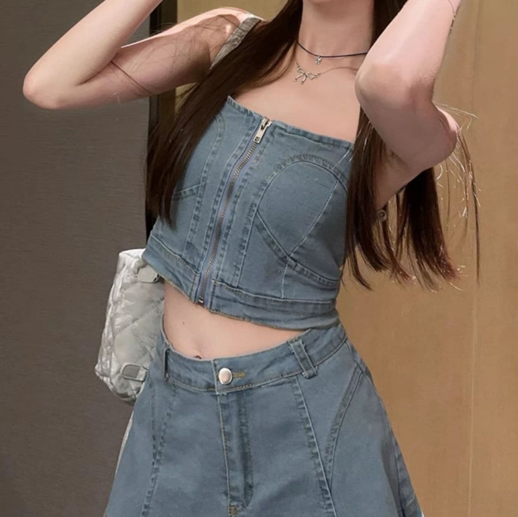デニムセットアップ フロントジップキャミトップス×フレアミニスカート 夏のフェミカジ2点セット