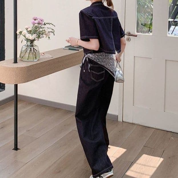 デニムセットアップ ワークレトロ半袖ジャケット×ワイドパンツ クールな高見えツーピースセット