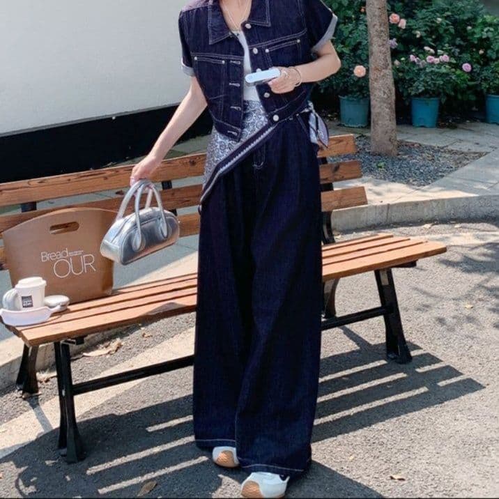 デニムセットアップ ワークレトロ半袖ジャケット×ワイドパンツ クールな高見えツーピースセット