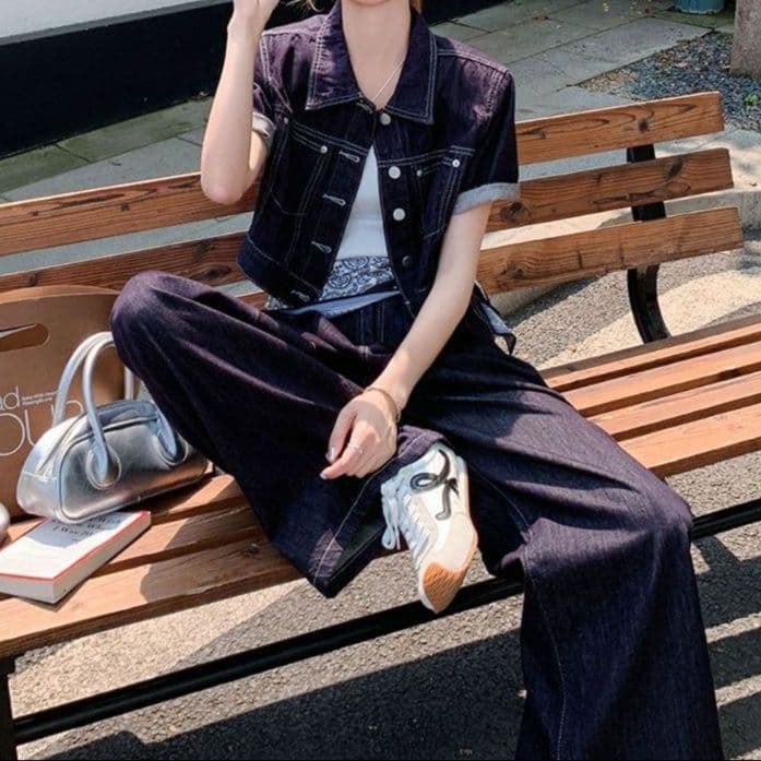 デニムセットアップ ワークレトロ半袖ジャケット×ワイドパンツ クールな高見えツーピースセット