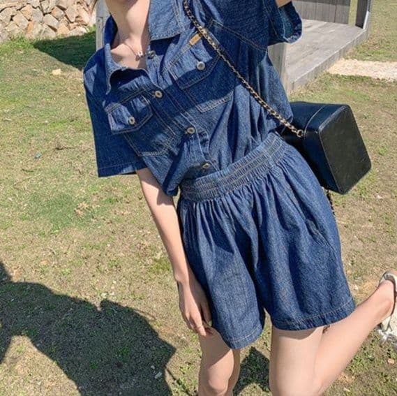 デニムセットアップ クラシカル半袖シャツ&ワイドショートパンツ 夏向け ゆったり爽やか上下セット