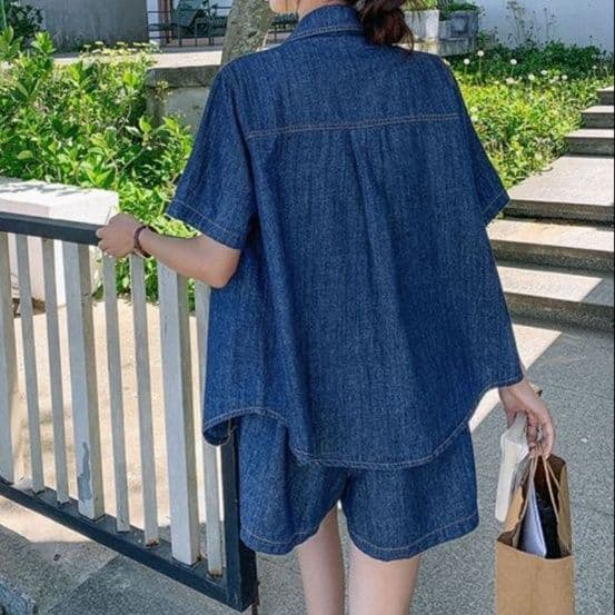 デニムセットアップ クラシカル半袖シャツ&ワイドショートパンツ 夏向け ゆったり爽やか上下セット