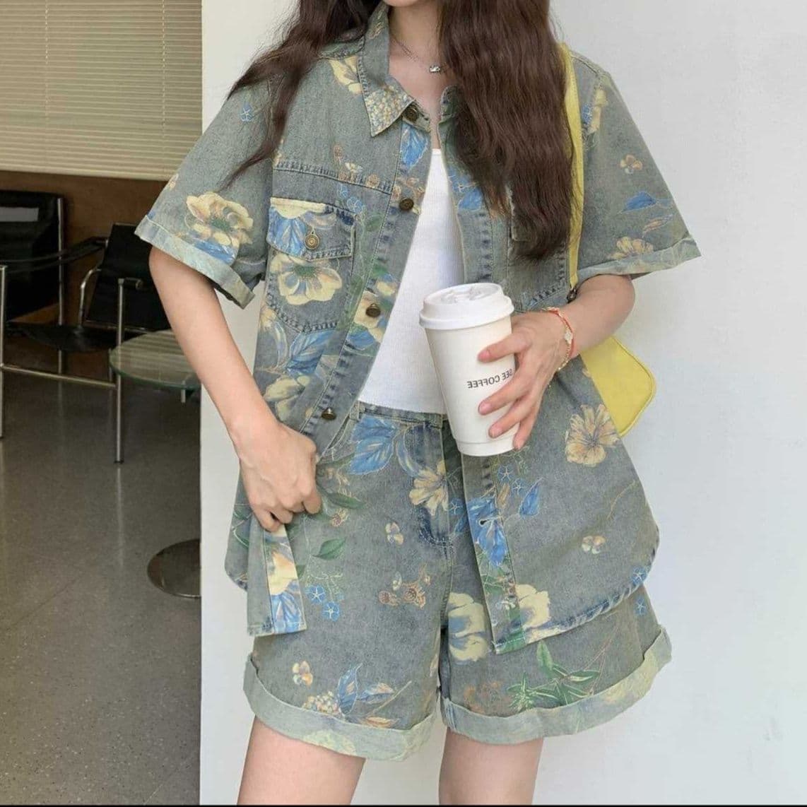 デニムセットアップ 花柄半袖シャツ&ショートパンツ 夏向け レトロかわいい香港風上下セット