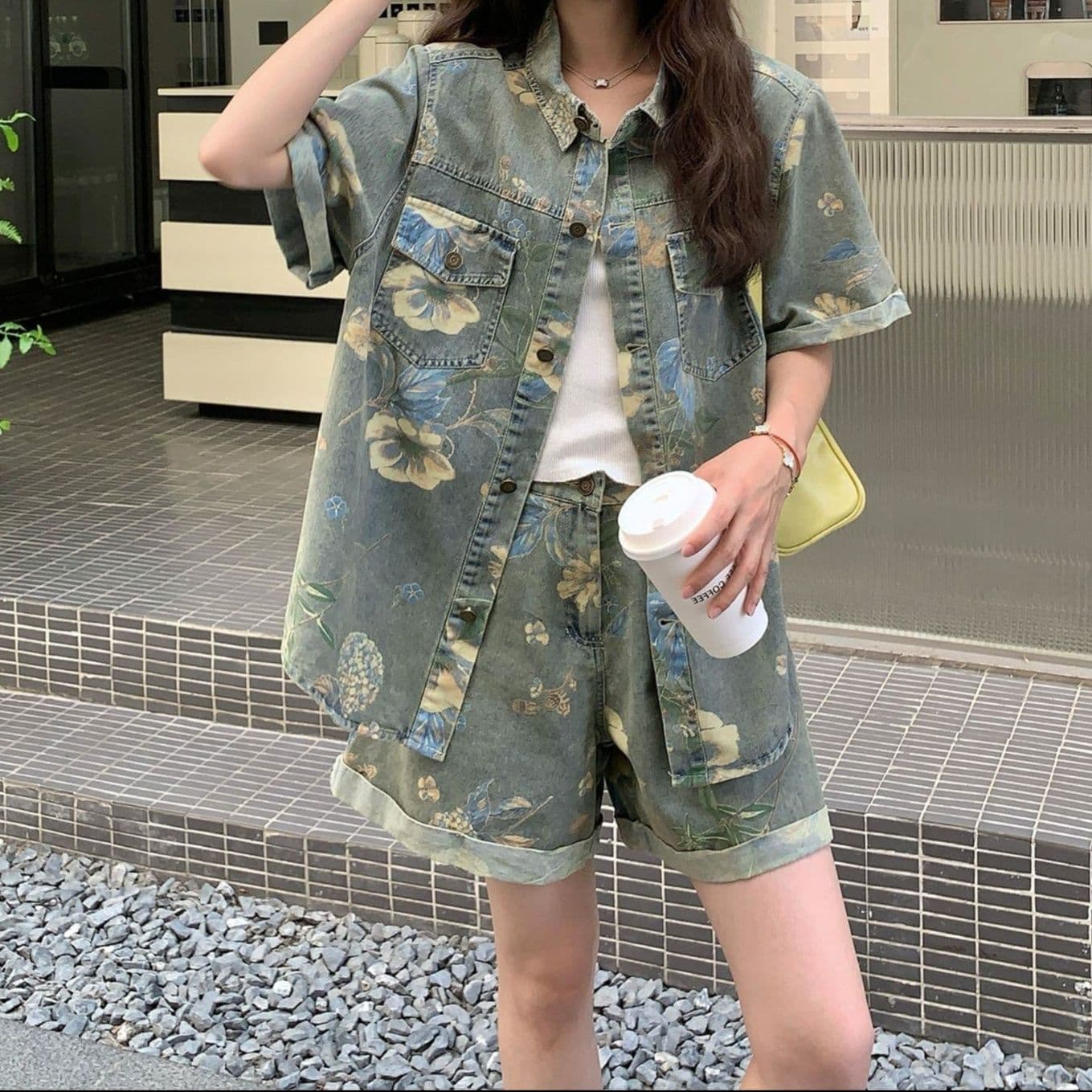デニムセットアップ 花柄半袖シャツ&ショートパンツ 夏向け レトロかわいい香港風上下セット