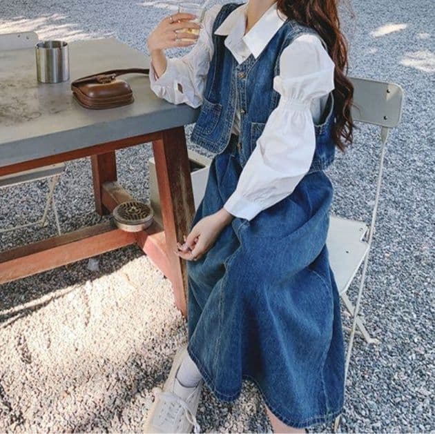 デニムセットアップ ウォッシュ加工ベスト&フレアミディスカート レトロモダンな万能2点セット