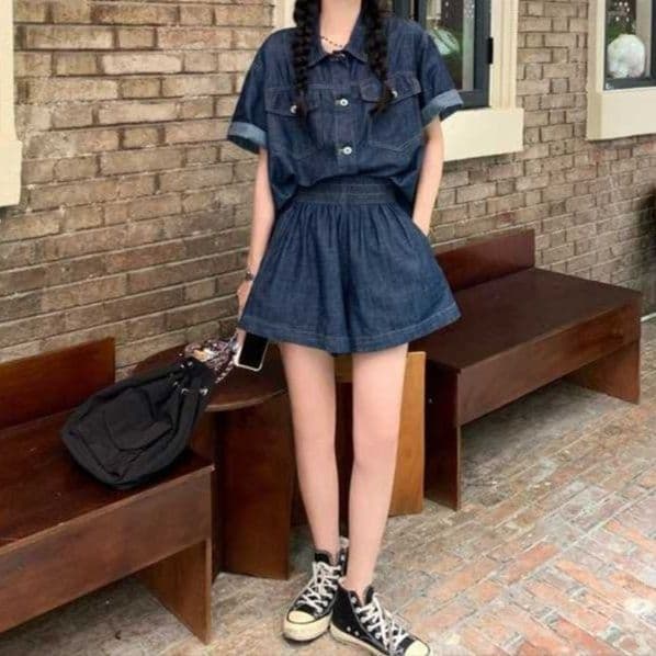 デニムセットアップ ゆったり薄手半袖シャツ&ショートパンツ 夏のレトロ塩系2点セット
