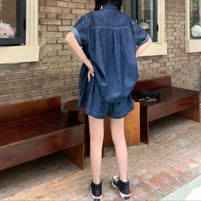 デニムセットアップ ゆったり薄手半袖シャツ&ショートパンツ 夏のレトロ塩系2点セット