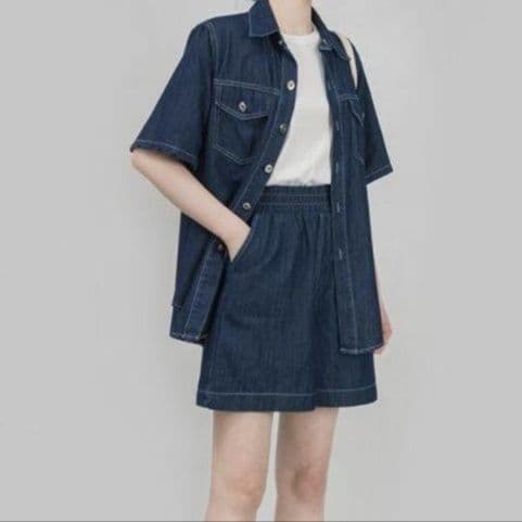 デニムセットアップ ステッチ半袖シャツ&ショートパンツ 大人かわいい万能上下セット