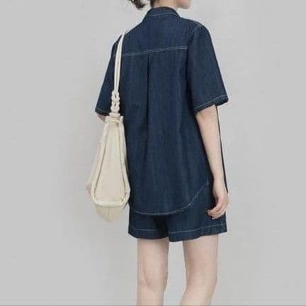 デニムセットアップ ステッチ半袖シャツ&ショートパンツ 大人かわいい万能上下セット