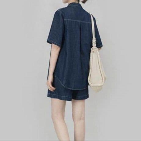 デニムセットアップ ステッチ半袖シャツ&ショートパンツ 大人かわいい万能上下セット