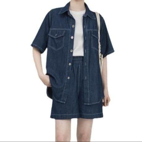 デニムセットアップ ステッチ半袖シャツ&ショートパンツ 大人かわいい万能上下セット