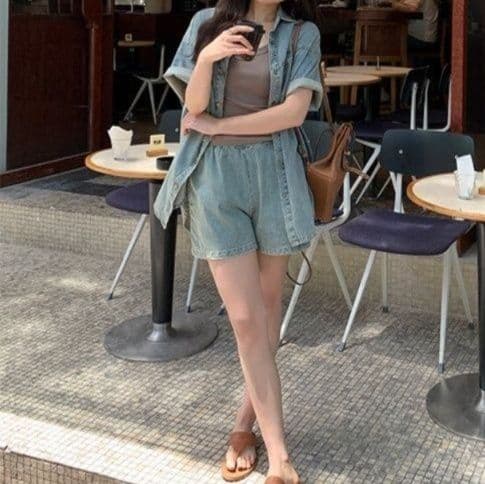 デニムセットアップ 薄手半袖シャツジャケット×ショートパンツ レトロカジュアル 夏の万能2点セット