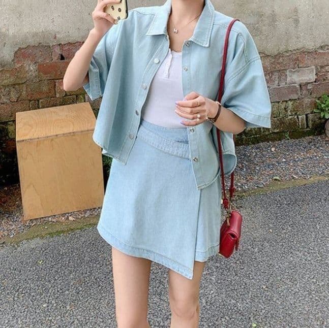 デニムセットアップ ゆったり半袖シャツ&ラップデザインスカパン 夏向けレトロフェミニン2点セット