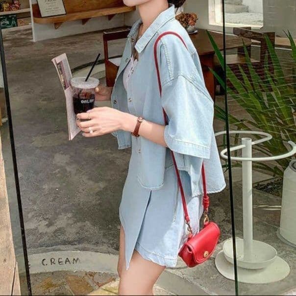 デニムセットアップ ゆったり半袖シャツ&ラップデザインスカパン 夏向けレトロフェミニン2点セット