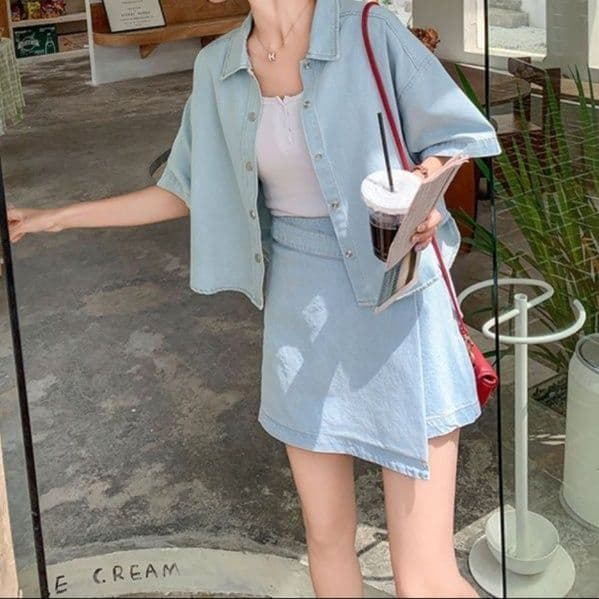 デニムセットアップ ゆったり半袖シャツ&ラップデザインスカパン 夏向けレトロフェミニン2点セット