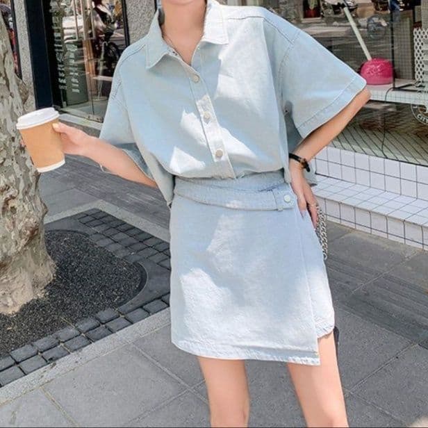 デニムセットアップ ゆったり半袖シャツ&ラップデザインスカパン 夏向けレトロフェミニン2点セット