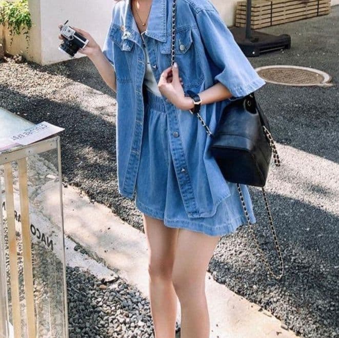 デニムセットアップ シンプル半袖シャツ×ショートパンツ フェミニンカジュアル リラックスコーデセット