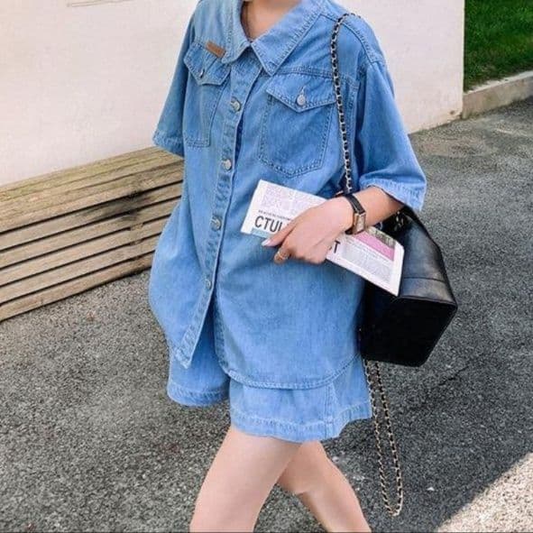 デニムセットアップ シンプル半袖シャツ×ショートパンツ フェミニンカジュアル リラックスコーデセット