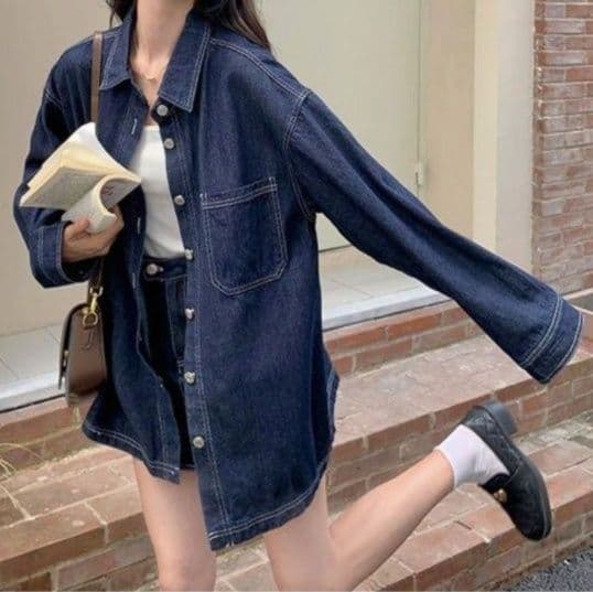 デニムセットアップ オーバーサイズシャツジャケット&ハイウエストミニスカート 大人フェミニン濃紺2点セット