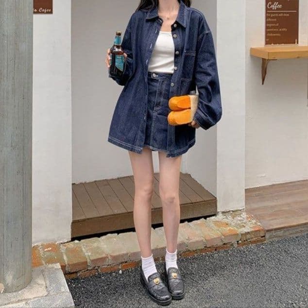 デニムセットアップ オーバーサイズシャツジャケット&ハイウエストミニスカート 大人フェミニン濃紺2点セット