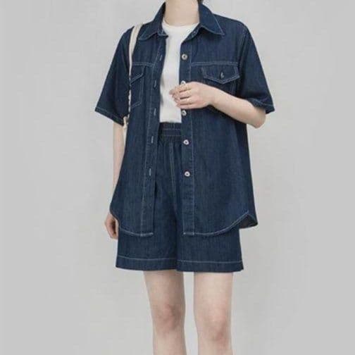 デニムセットアップ ゆったり半袖シャツ×ショートパンツ 夏向け きれいめカジュアル上下セット