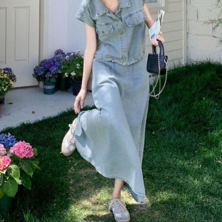 デニムセットアップ 韓国風半袖ジャケット+フレアロングスカート 大人カジュアル細見え2点セット