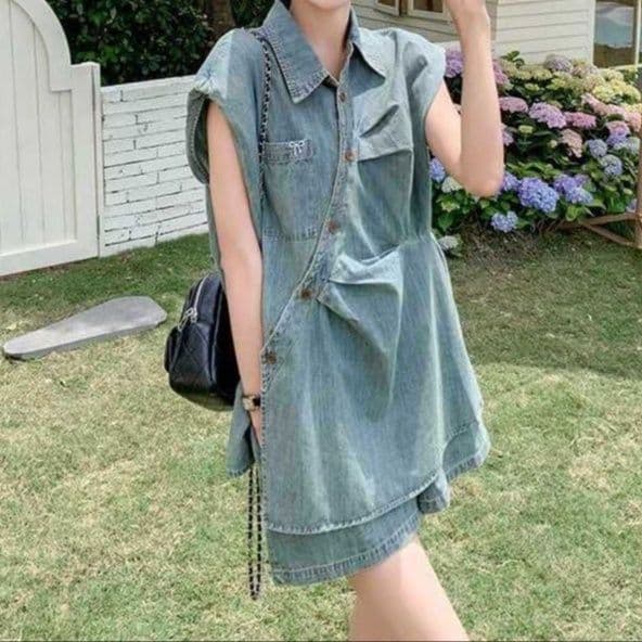 デニムセットアップ ノースリーブシャツ×ワイドショートパンツ レトロかわいい 夏のゆったりひとクセ上下セット