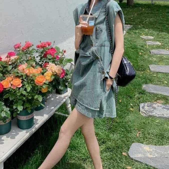 デニムセットアップ ノースリーブシャツ×ワイドショートパンツ レトロかわいい 夏のゆったりひとクセ上下セット