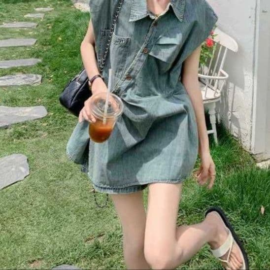 デニムセットアップ ノースリーブシャツ×ワイドショートパンツ レトロかわいい 夏のゆったりひとクセ上下セット