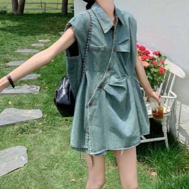 デニムセットアップ ノースリーブシャツ×ワイドショートパンツ レトロかわいい 夏のゆったりひとクセ上下セット