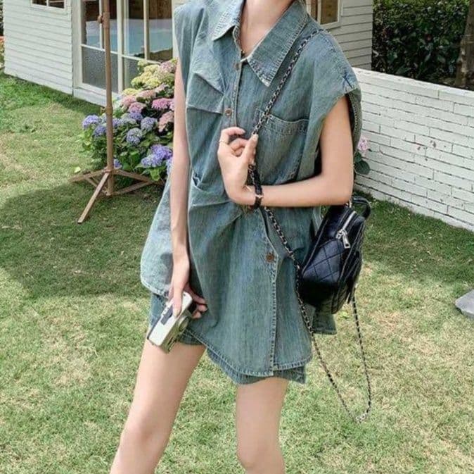 デニムセットアップ ノースリーブシャツ×ワイドショートパンツ レトロかわいい 夏のゆったりひとクセ上下セット