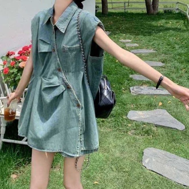 デニムセットアップ ノースリーブシャツ×ワイドショートパンツ レトロかわいい 夏のゆったりひとクセ上下セット