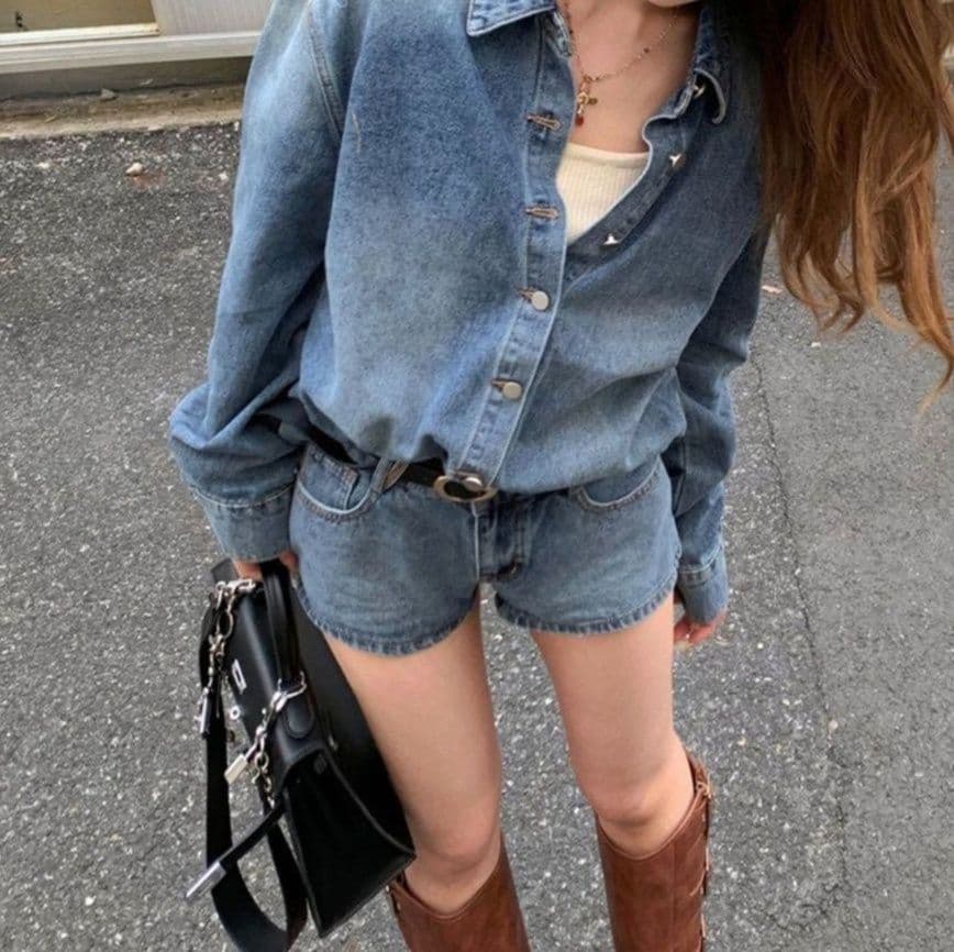 デニムセットアップ ゆったり長袖シャツ×ショートパンツ カジュアル色落ち 抜け感上下セット