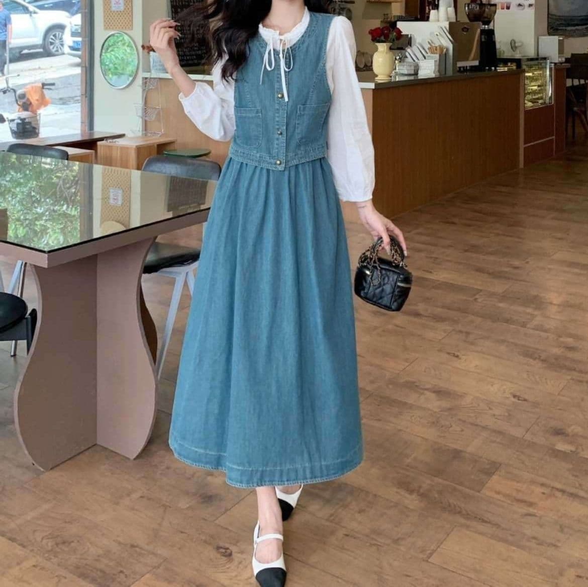 デニムセットアップ クラシカルベスト&白ブラウス&フレアロングスカート 大人可愛い レトロフェミニン3点セット