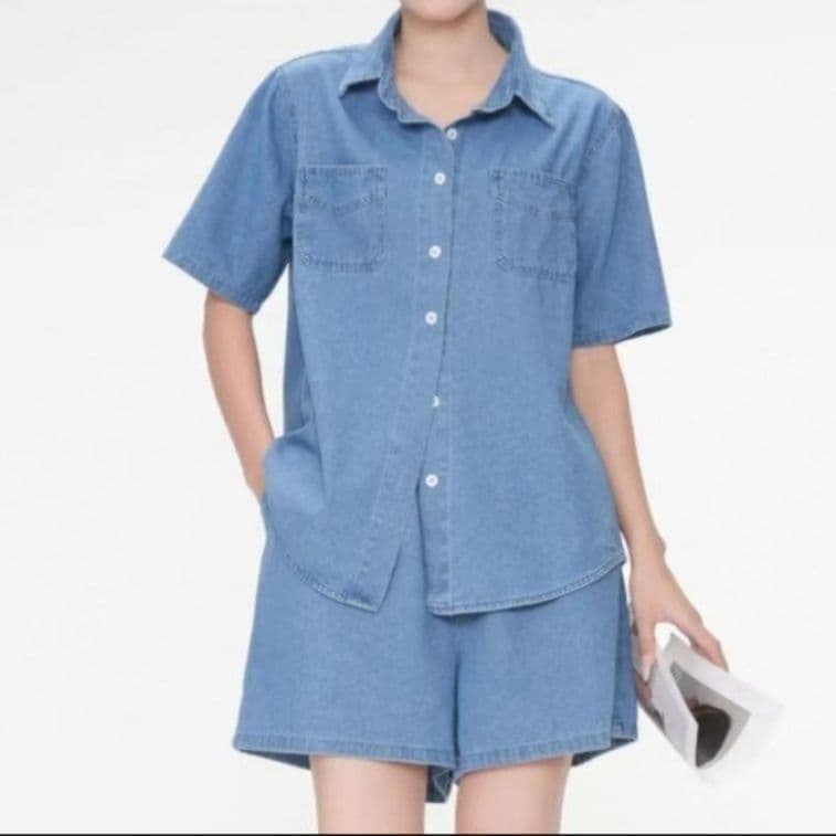 デニムセットアップ ゆったり半袖シャツ+ショートパンツ シンプル万能 夏のゆるかわ上下セット