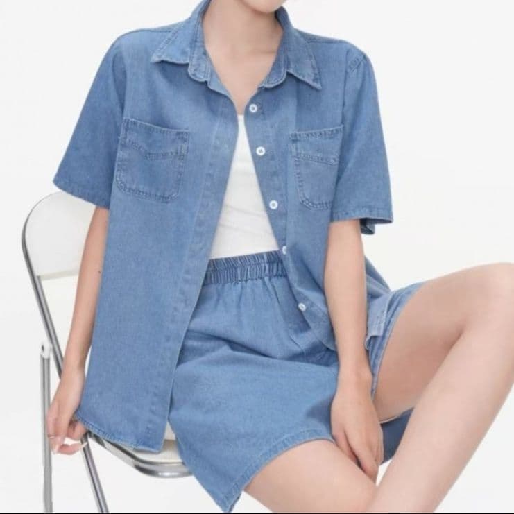 デニムセットアップ ゆったり半袖シャツ+ショートパンツ シンプル万能 夏のゆるかわ上下セット