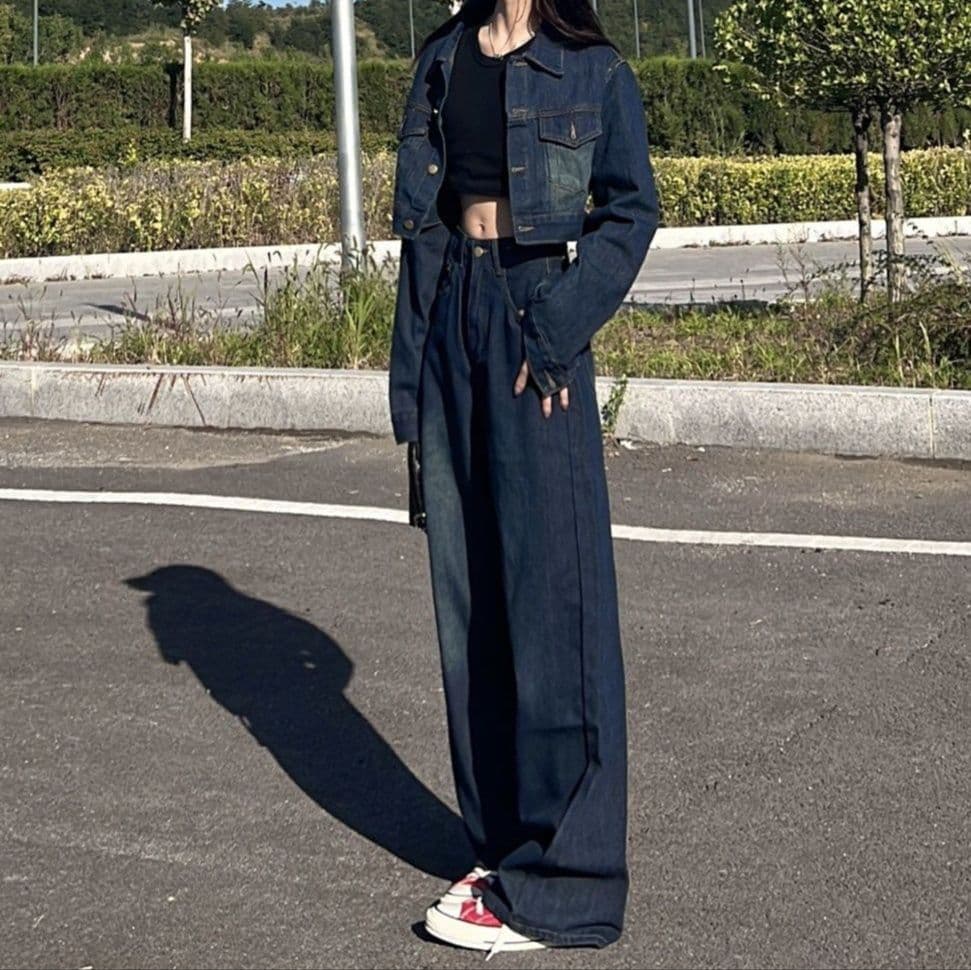 デニムセットアップ 色落ち加工ショートジャケット×ワイドパンツ 塩系カジュアルな細見えコーデセット