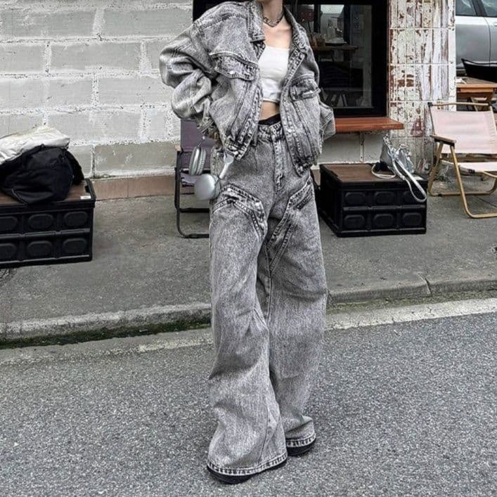 グレーデニムセットアップ オーバーサイズジャケット×ワイドロングパンツ 色落ち加工 こなれストリート系2点セット