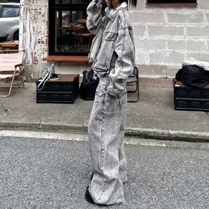 グレーデニムセットアップ オーバーサイズジャケット×ワイドロングパンツ 色落ち加工 こなれストリート系2点セット