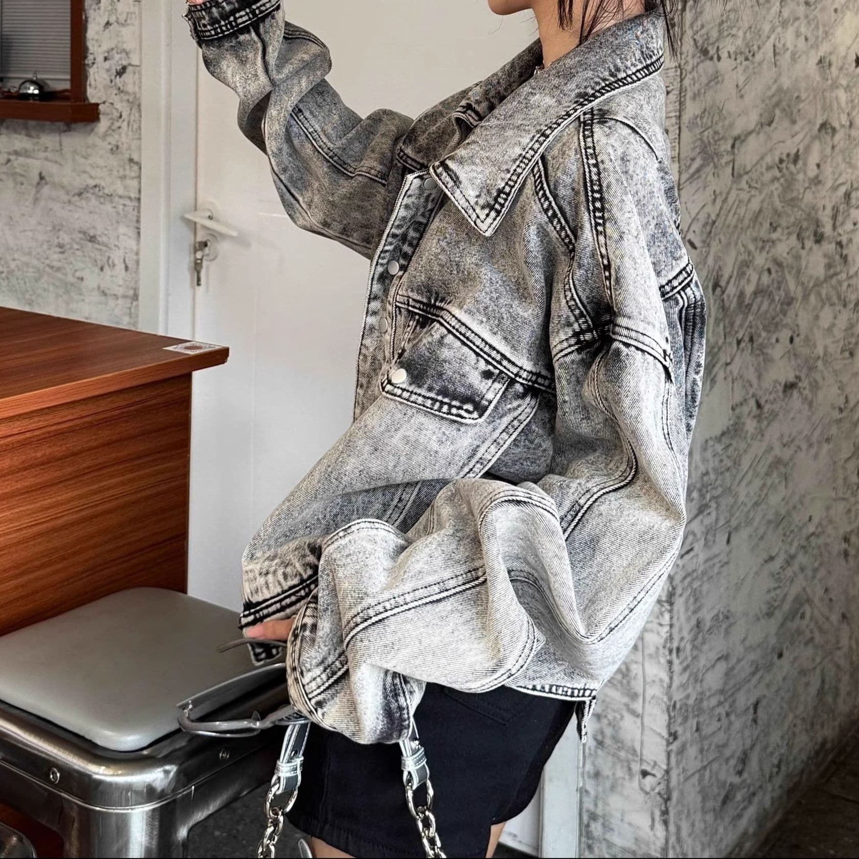 グレーデニムセットアップ オーバーサイズジャケット×ワイドロングパンツ 色落ち加工 こなれストリート系2点セット