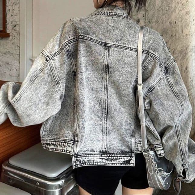 グレーデニムセットアップ オーバーサイズジャケット×ワイドロングパンツ 色落ち加工 こなれストリート系2点セット