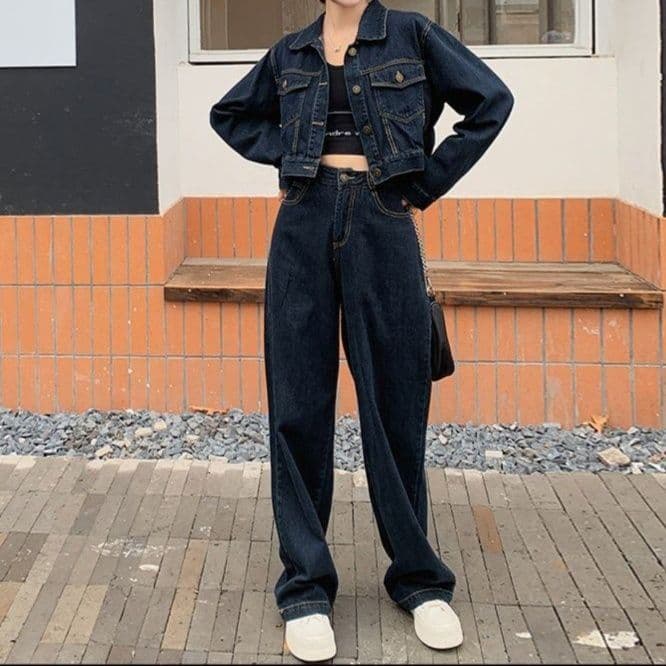 ダークデニムセットアップ シンプルショートジャケット×ワイドロングパンツ 塩系カジュアルな垢抜け2点セット